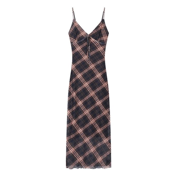 Dress Plaid Sleeveless V-Neck Maxi Print
