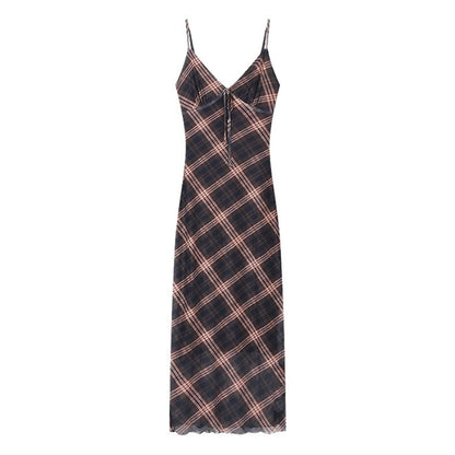 Dress Plaid Sleeveless V-Neck Maxi Print