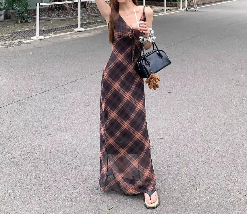 Dress Plaid Sleeveless V-Neck Maxi Print
