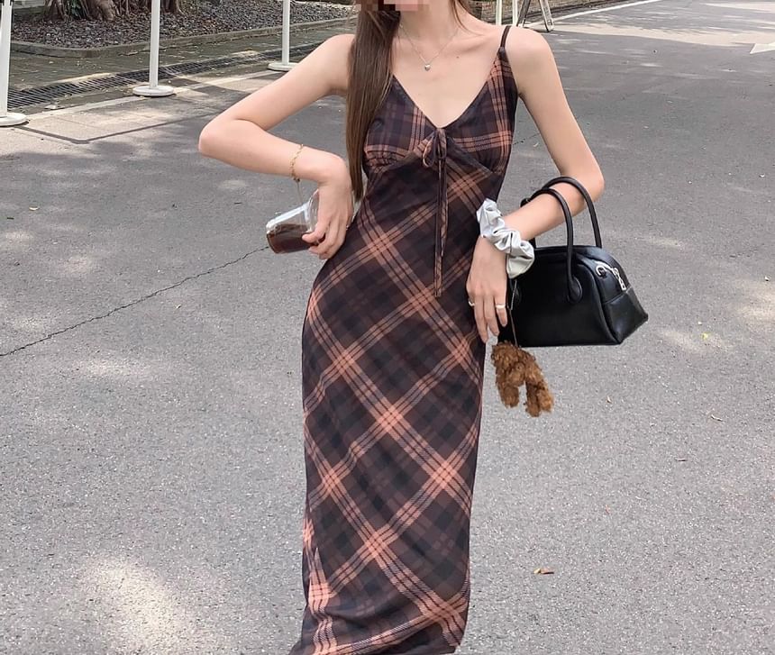 Dress Plaid Sleeveless V-Neck Maxi Print