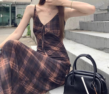 Dress Plaid Sleeveless V-Neck Maxi Print