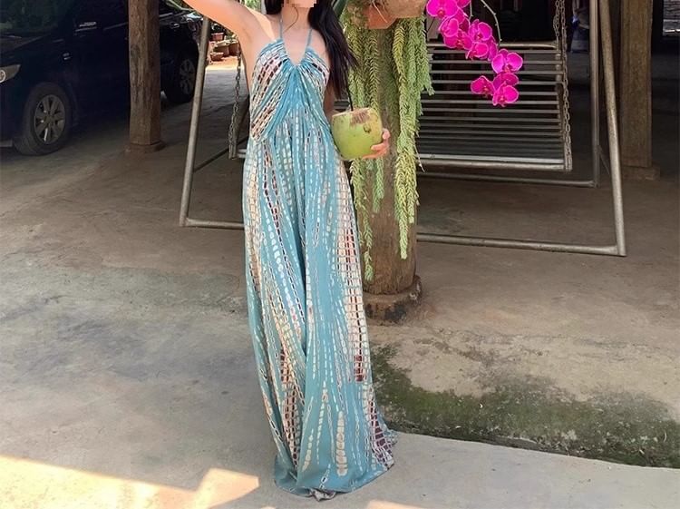 Sleeveless Halter Maxi Printed Dress Neck