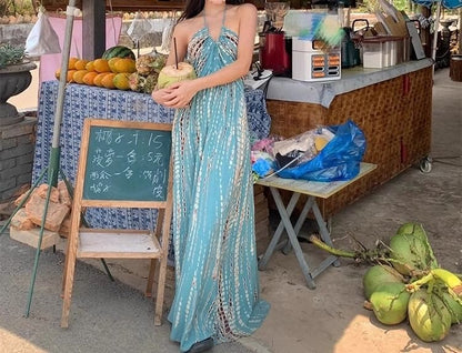 Sleeveless Halter Maxi Printed Dress Neck