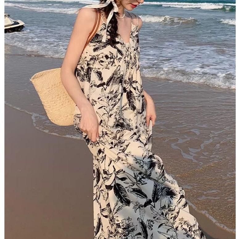 Print Spaghetti Dress Strap V-Neck Floral Maxi