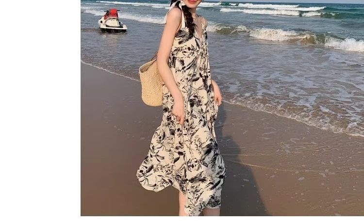 Print Spaghetti Dress Strap V-Neck Floral Maxi