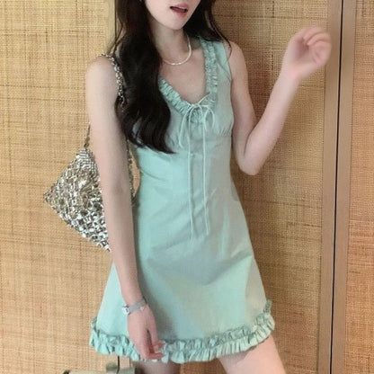 Dress Mini Sleeveless V-neck Trim Ruffle