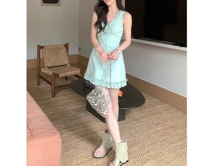 Dress Mini Sleeveless V-neck Trim Ruffle