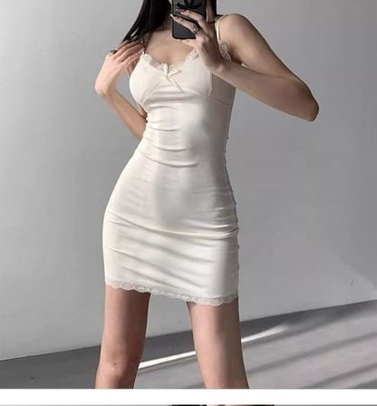 Spaghetti Strap Dress V-Neck Mini Trim Bodycon Lace Plain