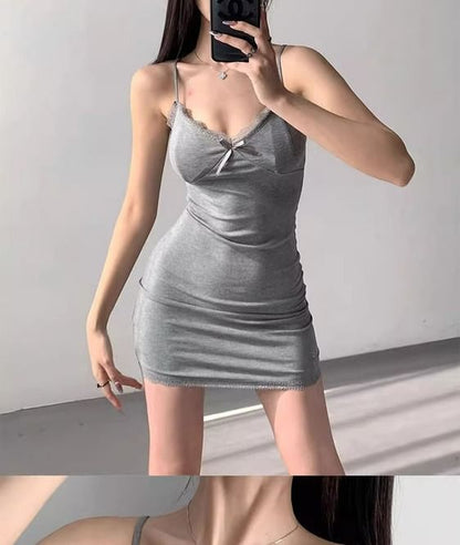 Spaghetti Strap Dress V-Neck Mini Trim Bodycon Lace Plain
