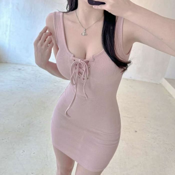 Mini Plain Sleeveless Scoop Dress Neck Bodycon