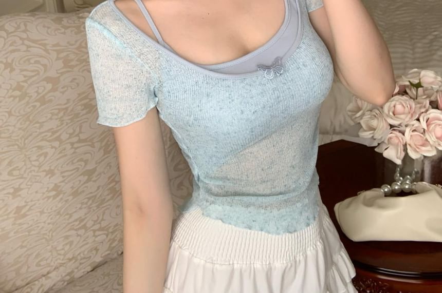 Top Neck Square Camisole Short-Sleeve Set: +