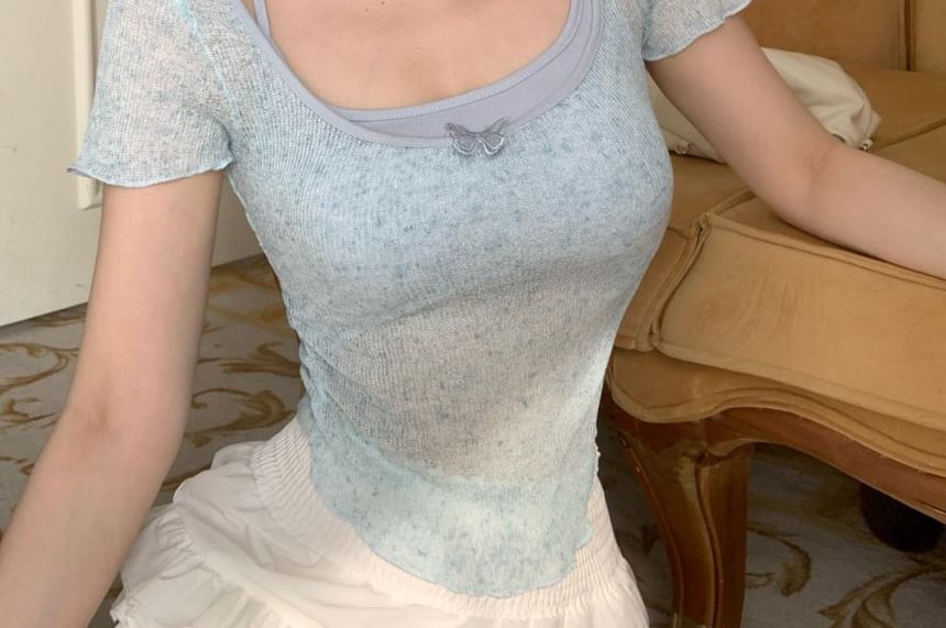 Top Neck Square Camisole Short-Sleeve Set: +
