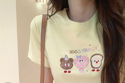 T-Shirt Crewneck Crop Short-Sleeve Embroidered