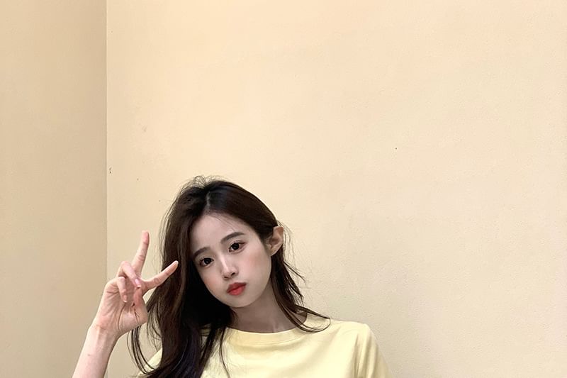T-Shirt Crewneck Crop Short-Sleeve Embroidered