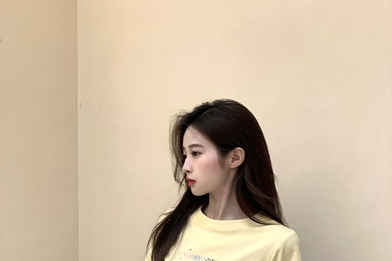 T-Shirt Crewneck Crop Short-Sleeve Embroidered