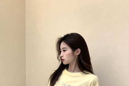 T-Shirt Crewneck Crop Short-Sleeve Embroidered
