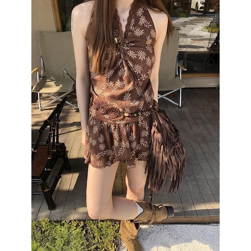 / Print V-Neck Sleeveless Top Skirt Mini