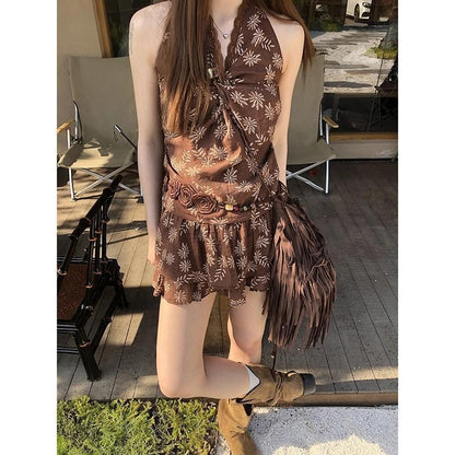 / Print V-Neck Sleeveless Top Skirt Mini