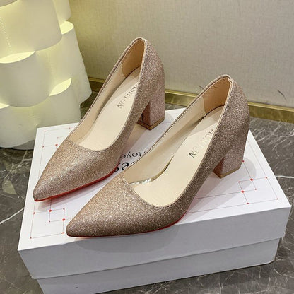 Heel Glitter Block Toe Pointed Pumps