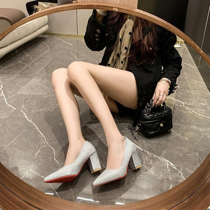 Heel Glitter Block Toe Pointed Pumps