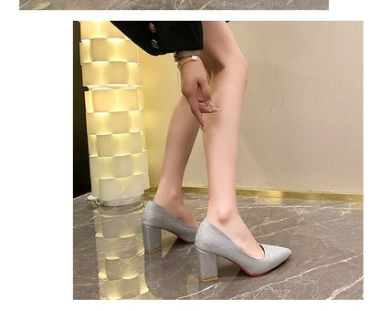 Heel Glitter Block Toe Pointed Pumps