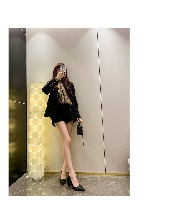 Heel Glitter Block Toe Pointed Pumps