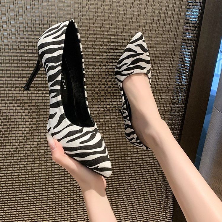Pointed Stiletto Pumps Zebra Toe Print
