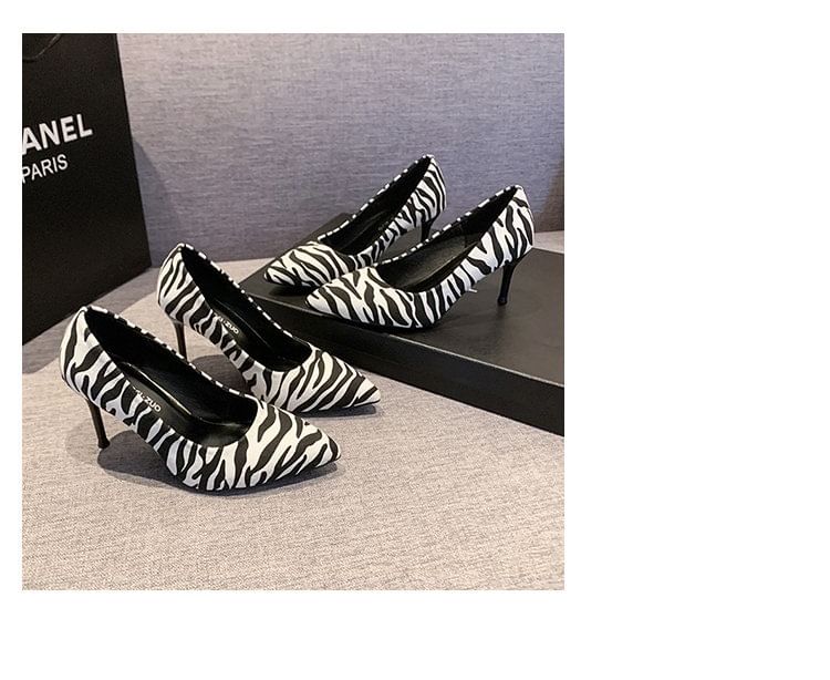 Pointed Stiletto Pumps Zebra Toe Print
