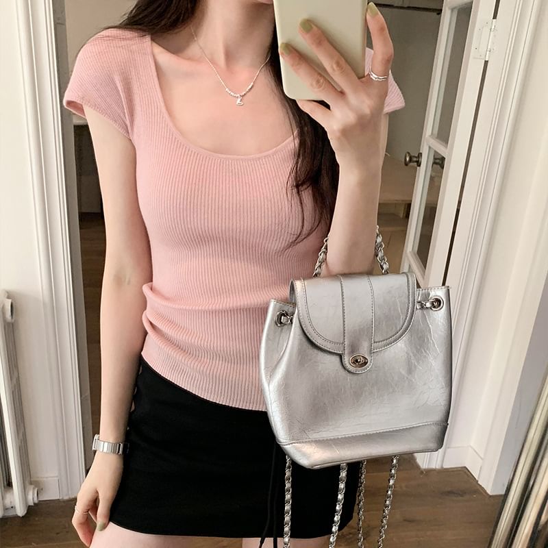 Top Cap-Sleeve Neck Plain Scoop Knit