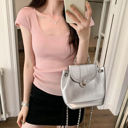 Top Cap-Sleeve Neck Plain Scoop Knit