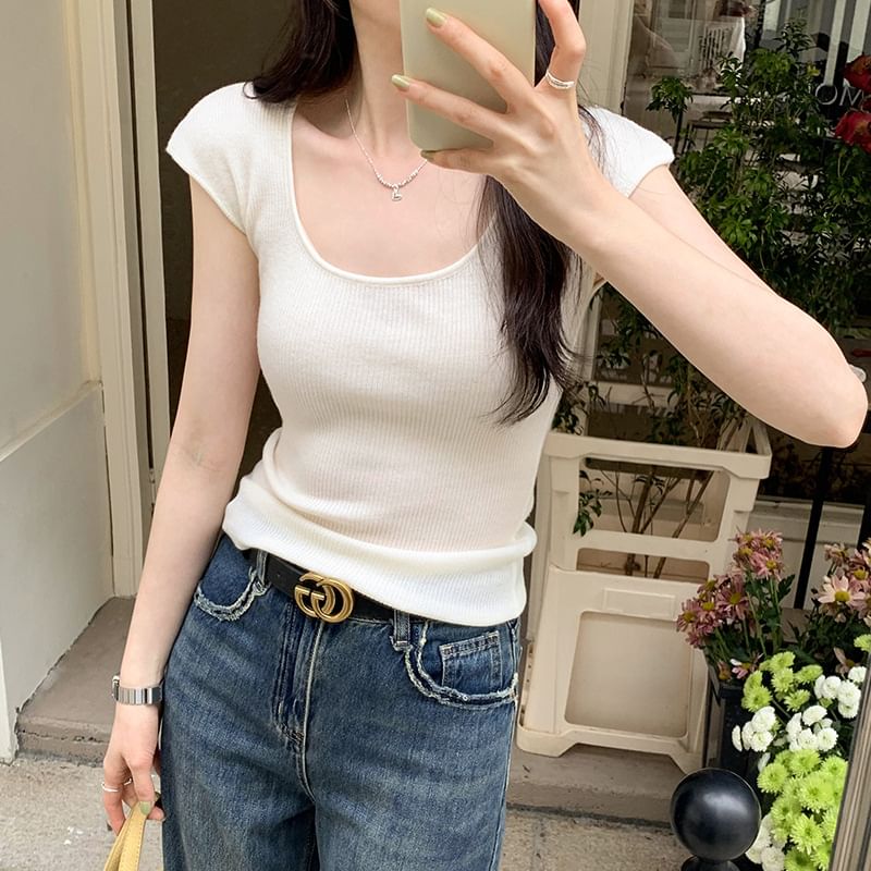 Top Cap-Sleeve Neck Plain Scoop Knit