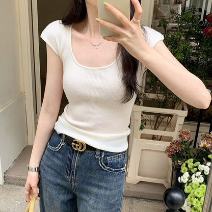 Top Cap-Sleeve Neck Plain Scoop Knit