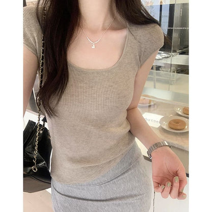 Top Cap-Sleeve Neck Plain Scoop Knit