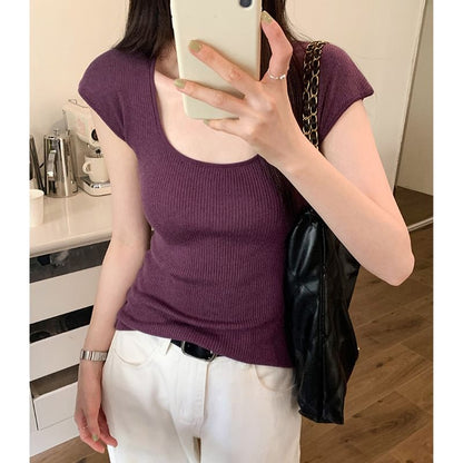 Top Cap-Sleeve Neck Plain Scoop Knit