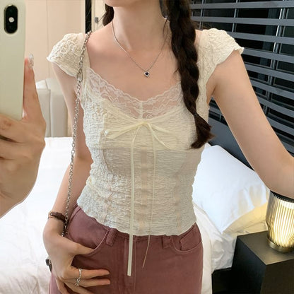 Lace Top Cap-Sleeve V-Neck Crop