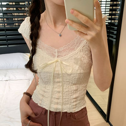 Lace Top Cap-Sleeve V-Neck Crop