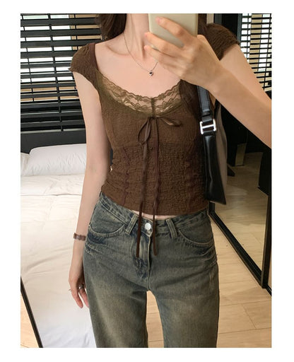 Lace Top Cap-Sleeve V-Neck Crop