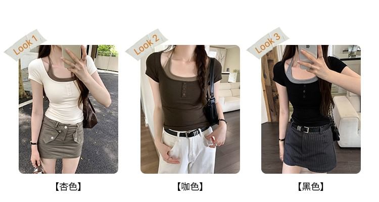 Short-Sleeve Top Tone Two-Piece Mock Two