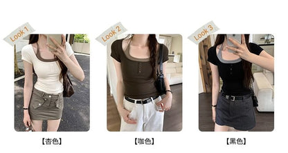 Short-Sleeve Top Tone Two-Piece Mock Two