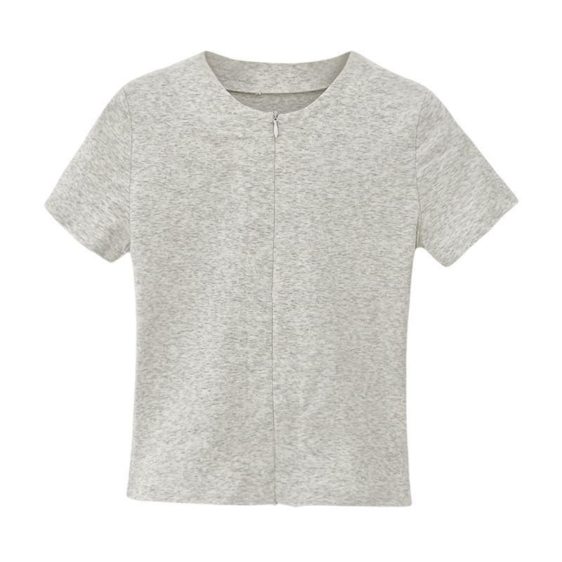 Knit Top Short-Sleeve Zip-Up Plain
