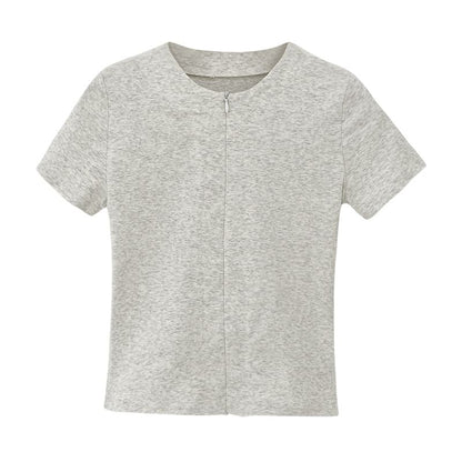 Knit Top Short-Sleeve Zip-Up Plain