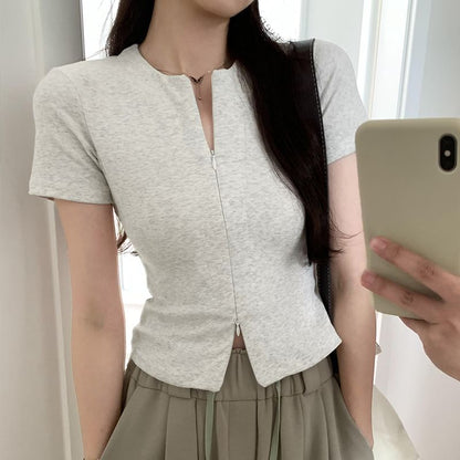 Knit Top Short-Sleeve Zip-Up Plain