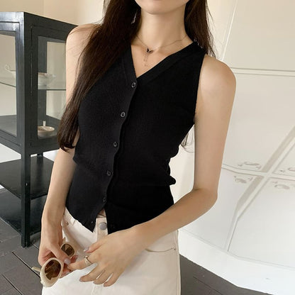 Button-Up Sleeveless Top V-Neck Plain