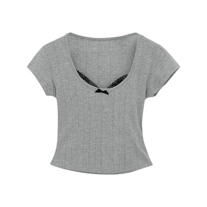 Neck Scoop Trim Top Sleeve Crop Short Lace