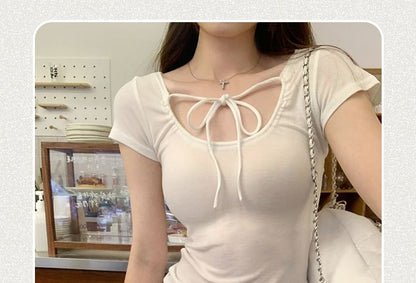 U-Neck Top Crop Short-Sleeve Plain