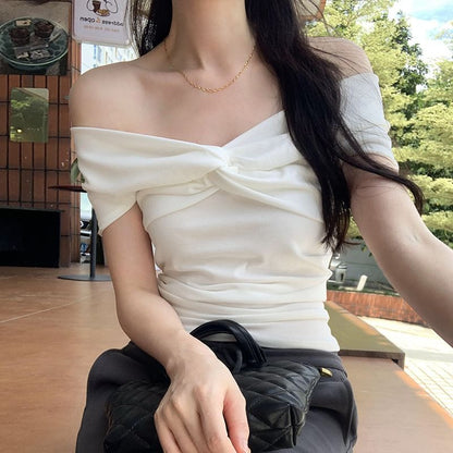 Shoulder Twisted Off Short-Sleeve Plain Top