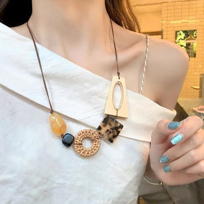 Cord Rattan Geometric Acetate Necklace