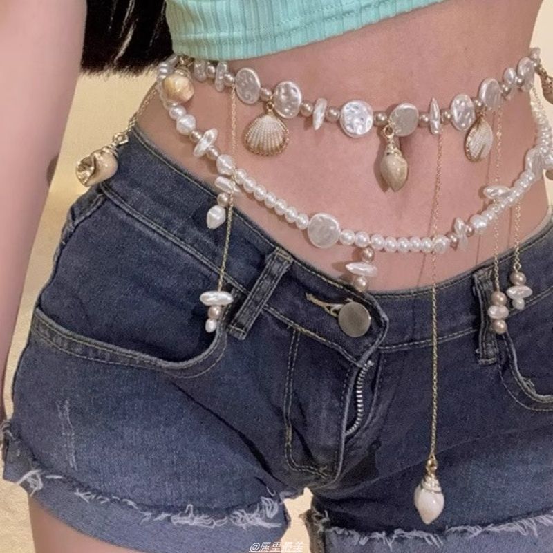 Faux Chain Alloy Waist Pearl Shell Disc