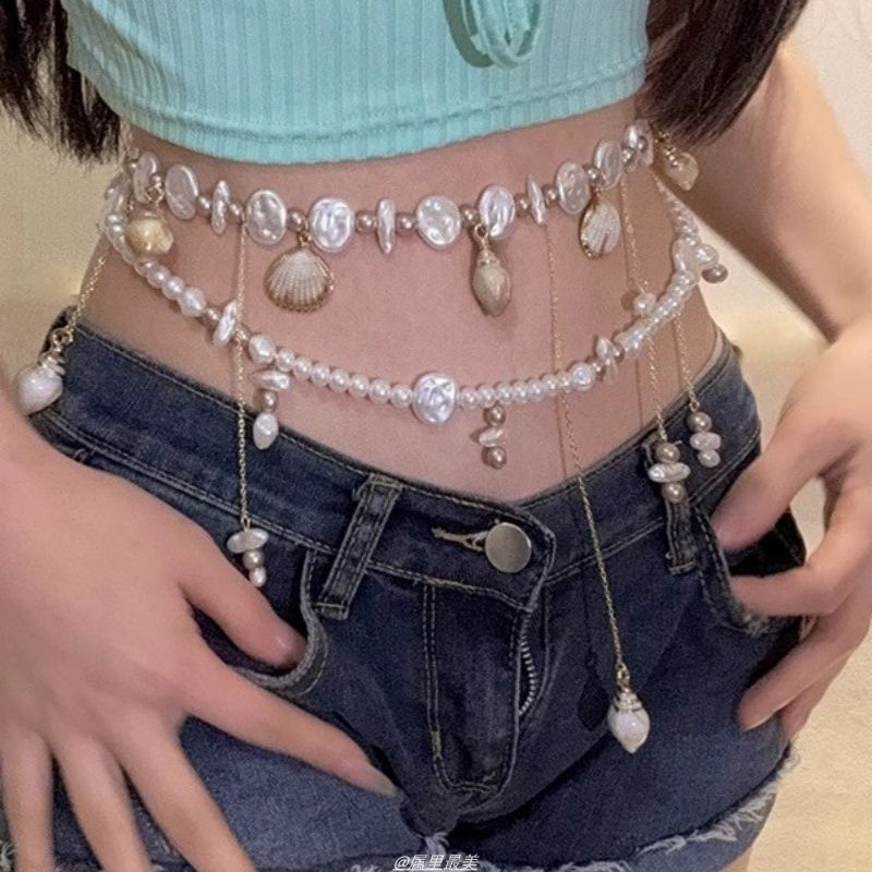 Faux Chain Alloy Waist Pearl Shell Disc