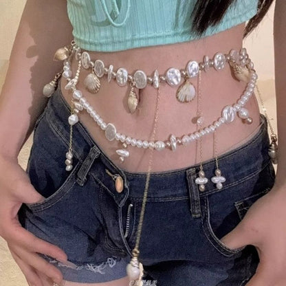 Faux Chain Alloy Waist Pearl Shell Disc